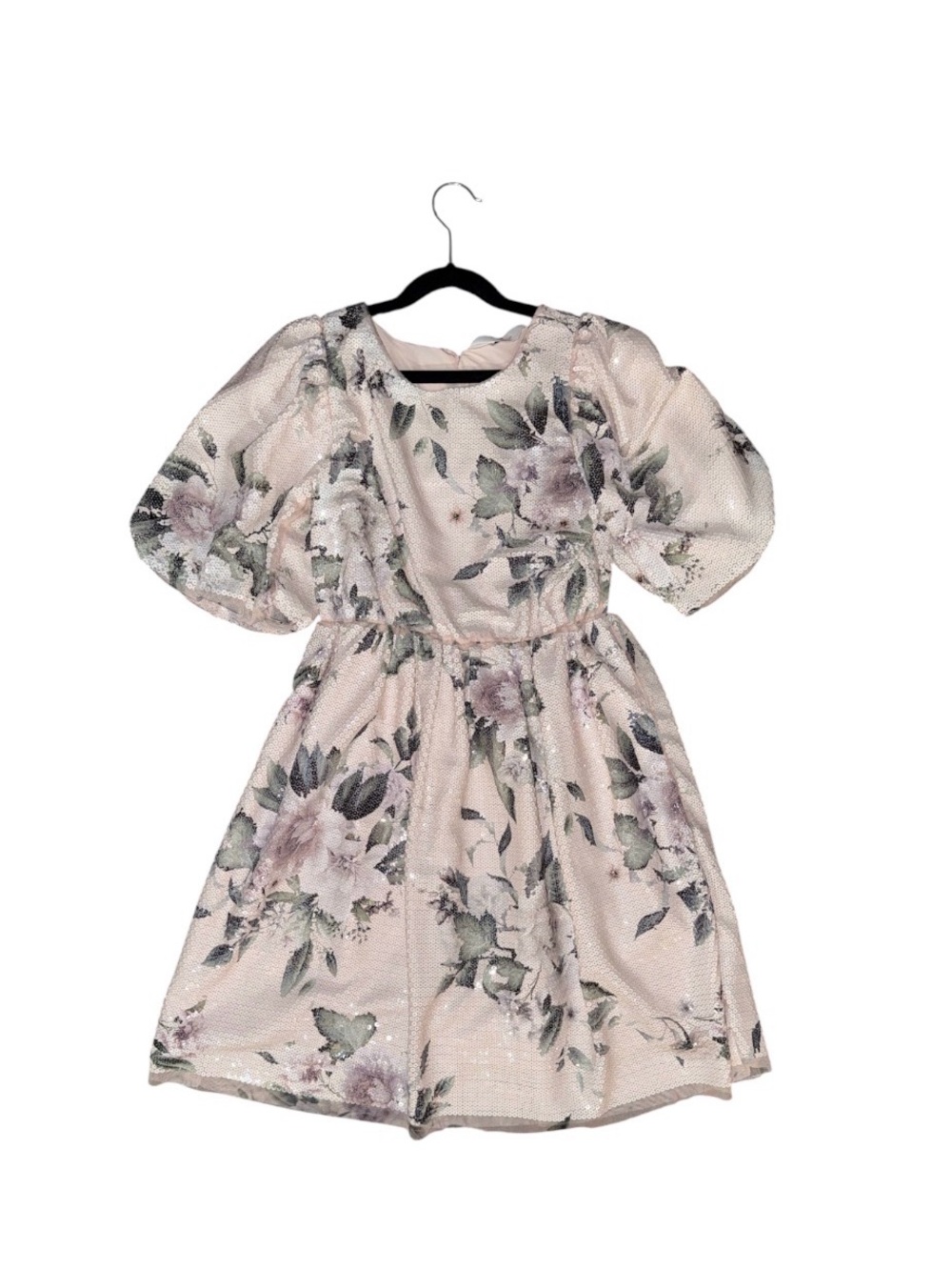 H&M Cream Pink Floral Puff-Sleeve Party Dress Size 9-10
